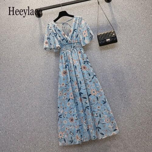 Plus size dress Summer Holiday Bohemian floral Print Long Dress Women High Waist deep v neck backless bandage maxi Vestidos