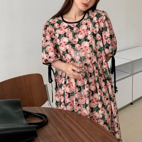 Vintage Rose Flower Long Dress 2021 Women Summer Backless Puff Sleeve Round Collar Loose Waisted Pullover Maxi Sundress
