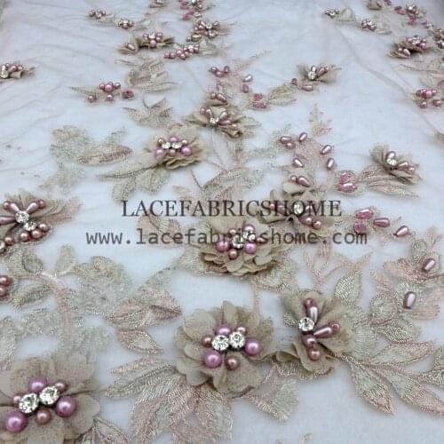 1yard New fashion style yellow/beige/gray pink heavy beads 3d flowers on netting embroidery wedding dress lace fabric