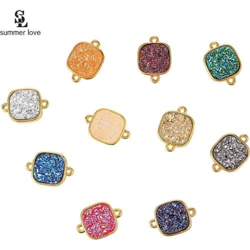 10pcs Mini Gold Metal Pendants Geometric Square Resin Druzy Connectors Charms for Necklace Bracelet Making Diy Jewelry Findings