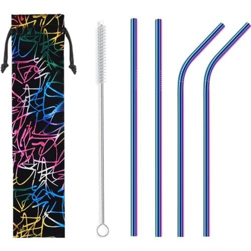 2PCS Stainless Steel Straight Straw + 2 PCS Curved Straw Tea Pipette Portable Set Reusable Straw + 1 Pcs Straw Bag Clean Brush