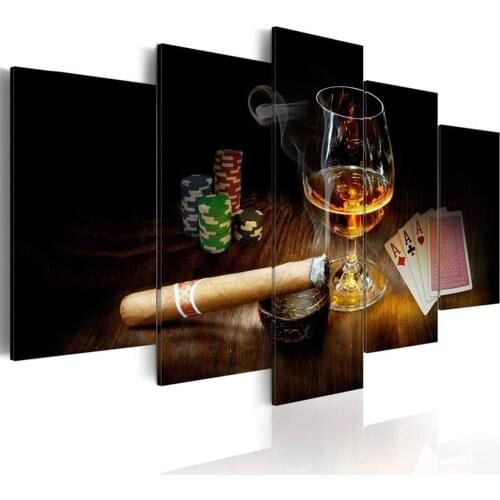 Unframed 5 Panel Cigars Cup Poker Poker Liquor Pictures Wall Art Home Decor Posters Canvas Paintings for Living Room Decorations