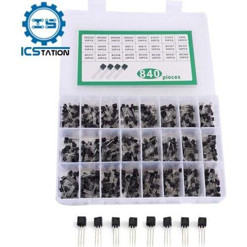 840Pcs 24 Values TO-92 Transistor Assortment Kit BC327 BC337 BC547 transistor 2N2222 3904 3906 C945 PNP NPN Transistors Pack