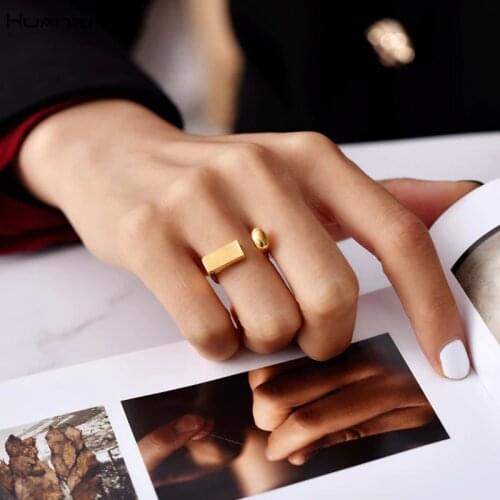 HUANZHI 2019 New Design Gold Metal Brass Plated Balls Geometric Square Adjustable Opening Rings for Women Wedding Party Jewelry