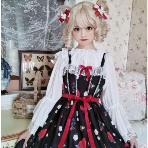 Summer Suspender Dress Jsk Strawberry Dance Lolita Japanese Dress Japan Print Dress Girls Kawaii Bow Party Princess Dresses