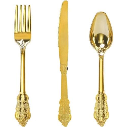 New Steak Retro Gold Plated Knife And Fork Disposable Plastic Tableware Western Food Three-piece Food Grade Thickening Spoon