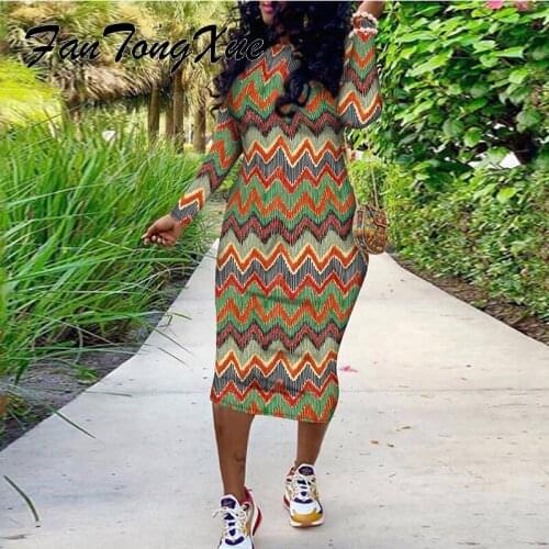 Autumn Dresses for Women 2021 Geo Striped Print Bodycon Dress Women Skinny Long Sleeve Round Neck Mid-calf Sexy Dress Lady