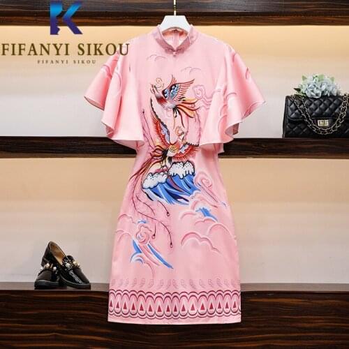 Chinese Dress Women Vintage Print Pink Qipao Dress 2021 Summer Fashion Improved Cheongsam Female Plus Size Loose Modern Qipao