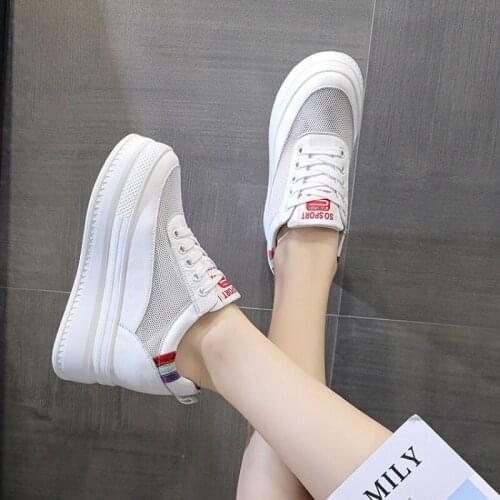 Mesh+Genuine Leather Casual Shoes Wedges Platform Sneakers Spring Summer 9cm Heel Sneaker Shoes Women Breathable White Shoes