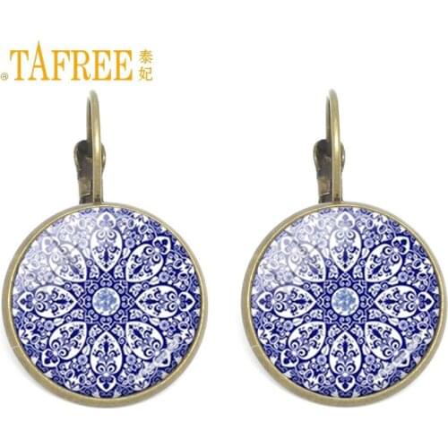 TAFREE Charming blue mandala henna flower pendant earrings yoga om symbol Zen Buddhism crystal rhinestone earrings jewelry ES52