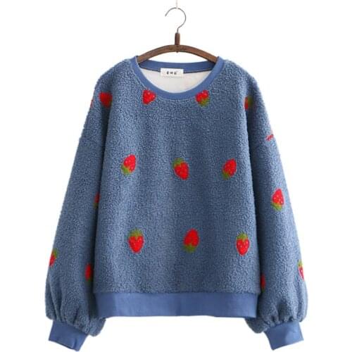 Cartoon Fruit Embroidery Fleece Sweatshirts 2020 Women Winter Long Sleeve O-neck Hoodies Sweet Style Ladies Pullover Tracksuits