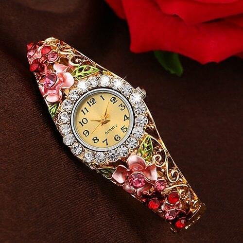 Womens Beautiful Flower Band Hollow Out Bangle Crystal Quartz Bracelet Watch Jewelry 181 G6TN 93ZZ