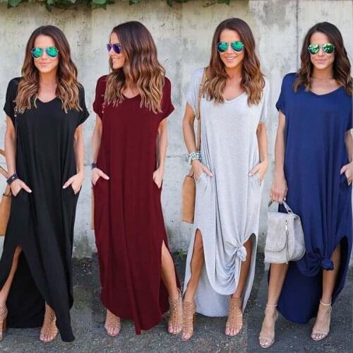 Pullover Long Dress Women Summer Casual Solid Color dresses Basic Daily Stylish Short Sleeve Split Dress Lady Streetwear