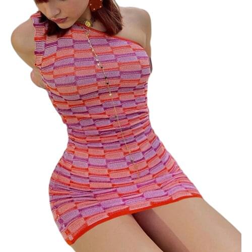 Women’s Sexy One Shoulder Short Dress Summer Fashion Contrast Color Knitted Skinny Dress