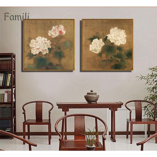 2PCS classical Chinese hibiscus flower landscape oil painting canvas printings printed on canvas home wall art decoration pictur