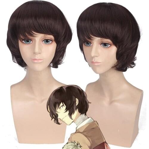 2019 Anime Bungo Stray Dogs Dazai Osamu Wig Heat Resistant Short Brown Curly Hair Cosplay Costume Wigs + Track No. + Wig Cap