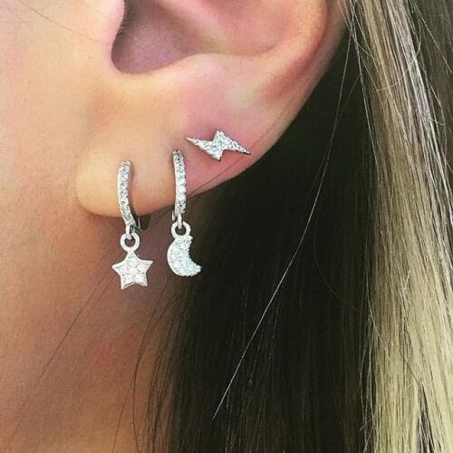 2021 Dainty 925 Sterling Silver Charm Earring Cute Tiny Cz Moon Star Charm Cute Lovely Girl Gift Delicate Minimal Silver Jewelry