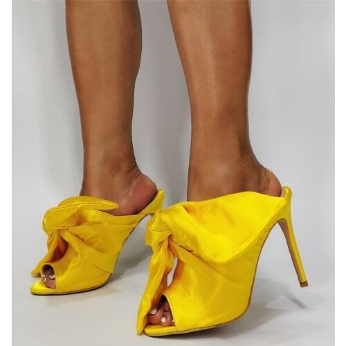 Big Flower Decor Bridal Sandals Silk Yellow Lady Party Dress Mules Formal Evening High Heel Sandals Designer Shoes Women