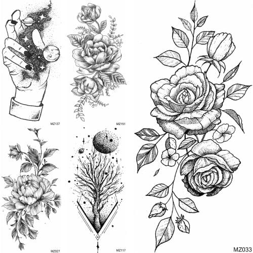 Black Flower Temporary Tattoos Fake Pencil Sketch Galaxy Hand Tatoos For Women Men Beautiful Body Art Tattoo For Holiday Wedding
