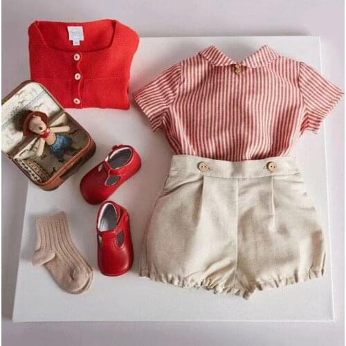 2PCS Summer Vintag Spanish Childrens Clothing Red Set Baby Boys Clothes Cotton Casual Short-Sleeved Boutique Kids Clothing