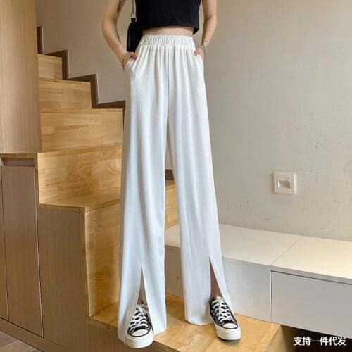 Summer Womens Pants High Waist Pockets LOOSE Solid Wide Leg Trousers Sweatpants Women Baggy Elastic Waist Plus Size Pants