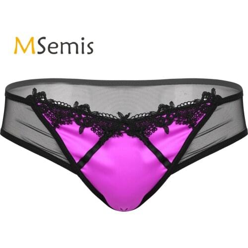 Mens Lingerie See-through Mesh Back Sissy Underwear Hot Sexy Lace Underpants Low Rise Lace Trim Satin Patchwork Briefs Panties