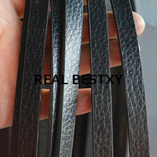 REAL BESTXY 5m/lot 10*3mm black flat leather cords strings with litchi pattern oil edged flat leather strips for bracelets make