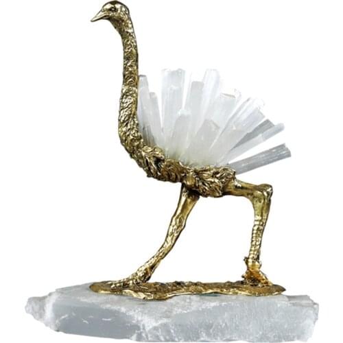 Natural White Selenite Pure Copper Ostrich Figurine Quartz Crystal Healing Crystal Stone Crafts Modern Minimalist Home Decora