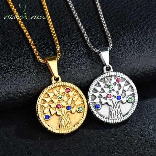 Nextvance Round Life of Tree Rhinestone Pendant Necklace For Women Stainless Steel Gold Chain Necklaces Charm Femme Jewelry