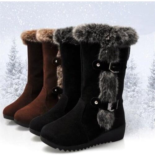 New Winter Women Boots Casual Warm Fur Mid-Calf Boots shoes Women Slip-On Round Toe wedges Snow Boots shoes Muje Plus size 42