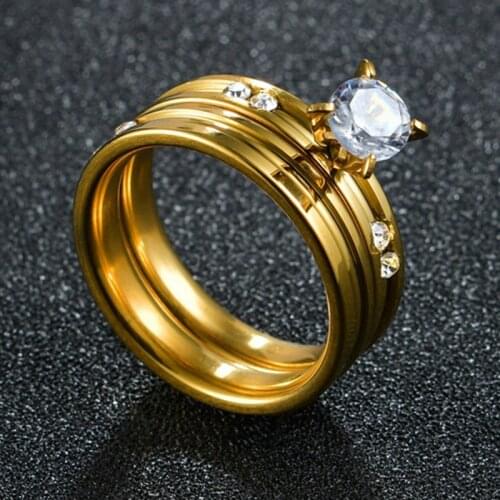 Mens Womens Gold Color Zircon Stainless Steel CZ Wedding Band Rings Beveled Edges Polished Finish Comfort Fit Personal Customize