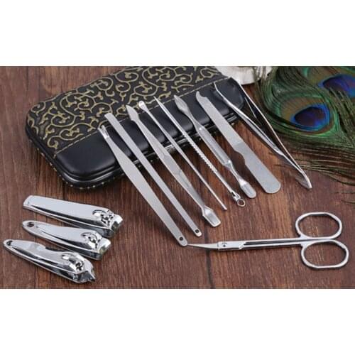 12 Pcs Portable Stainless Steel Nail Clipper Manicure Pedicure Eyebrow Tweezers Curette Beauty Care Tools Set with Storage Case