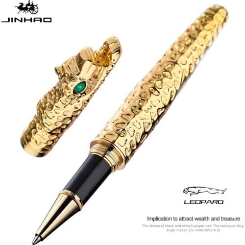 JINHAO Vintage All Metal Ancient Silver Leopard Rollerball Pen Luxury Green Crystal Eyes Practice Pen Office Supplies