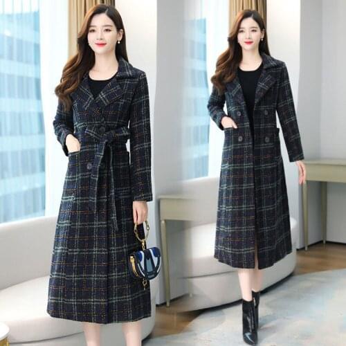 Plaid Woolen Coat Womens Mid-length Autumn and Winter New Style Korean Thick Double-breasted Popular Woolen Coat Trend