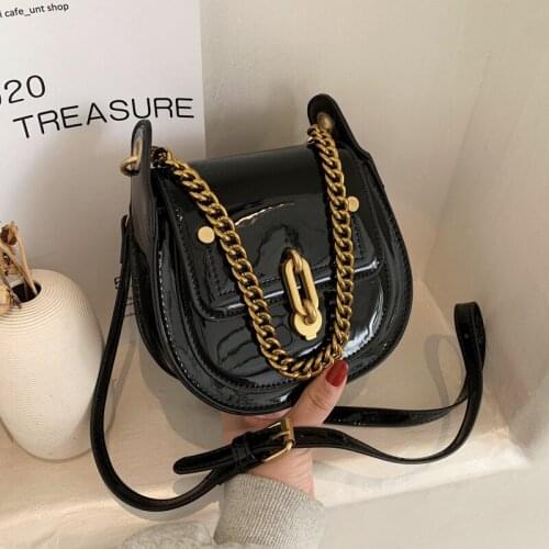 PU Metal Chain Saddle Shoulder Bag Women Luxury Brand Cover Messenger Bag Woman 2021 High Quality Patent Leather Womens Handbag