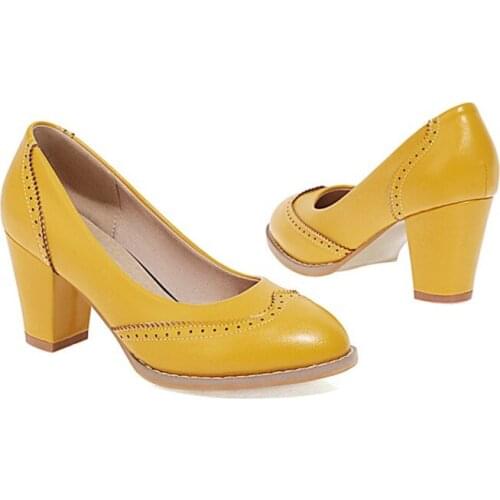 Large Size 48 Brogue Shoes Women Heels Fashion Leather Shoes Women Pumps Thick Heel