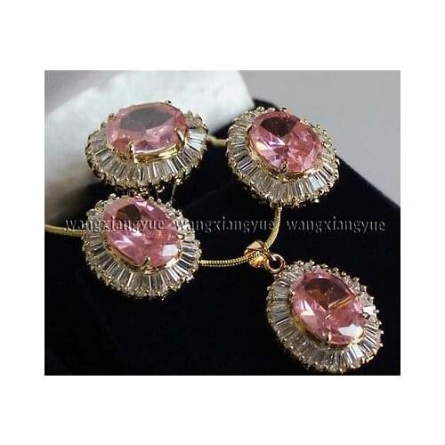 Womens gift Jewelry word Zircon Natural Fine Latest Faceted Pink Zircon Crystal Earrings / Ring / Necklace Pendant Set
