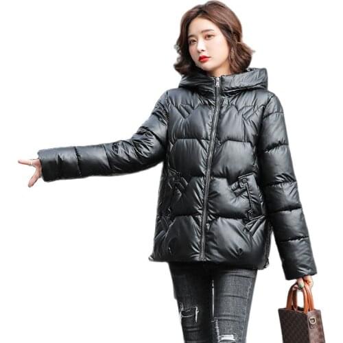 Women Winter Hooded Big Pocket Glossy Waterproof Bubble Coat Puffer Jacket Cotton Padded Parkas Warm Outwear