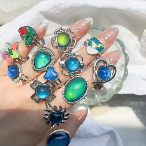 2021 New Variable Color Cute Animal Butterfly Bear Cross Opening Adjustable Temperature Color Change Metal Rings for Women