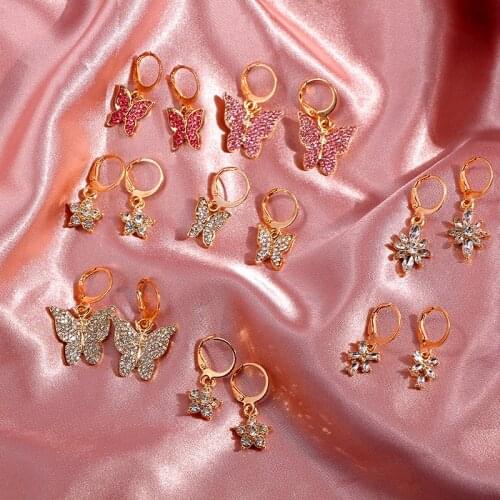 JUST FEEL Fashion Flower Crystal Drop Earrings For Women Gold Color Luxury Butterfly Rhinestone Earrings Party Jewelry Gift