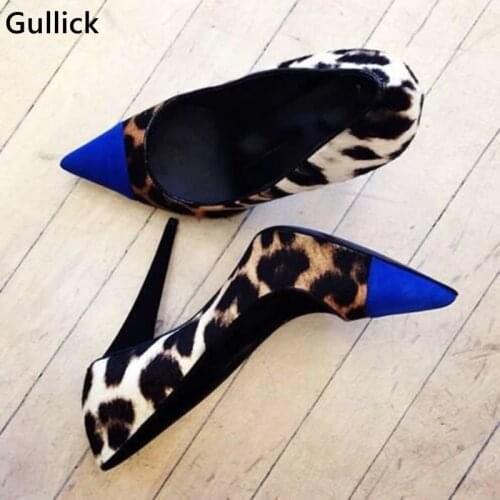 Leopard Blue Mixed Color High Heels Women Sexy Pumps Newest Design Fashion Pointed Toe Female Dress Shoes Slip-on Single Shoes