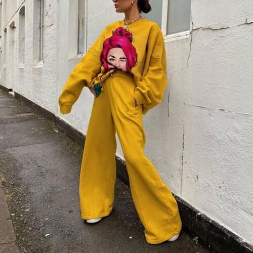 Yellow Cartoon Beauty Print Hip Hop Thin Sweatshirt 2 Piece Set Women Tracksuit Pants Tops Long Sleeve Casual Outfits Autumn New