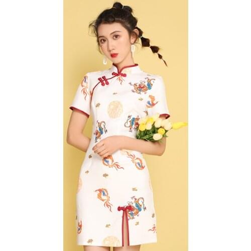 Female Improved Cheongsam Chinese Style Summer Dress For Women Retro Print Short Sleeve Clothes Oriental Party Costumes DQL3491