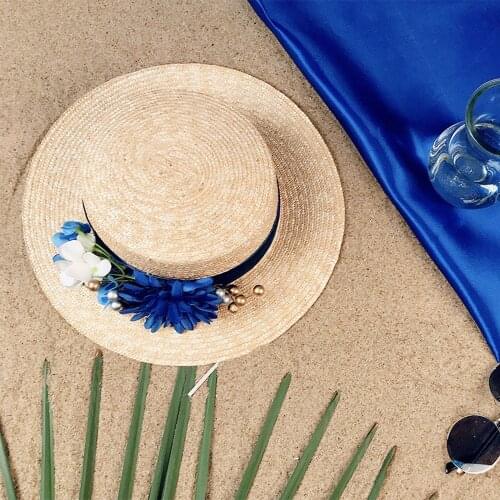 100% Wheat Straw Women Summer Sun Hat Lady Beach Wide Brim Flat Boater Hat With Handmade Big Flower Size 56-58CM