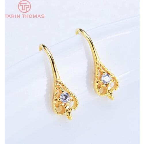 6PCS 15MM 24K Gold Color Brass with Zircon Hollow Earring Hook High Quality Diy Jewelry Findings Accessories