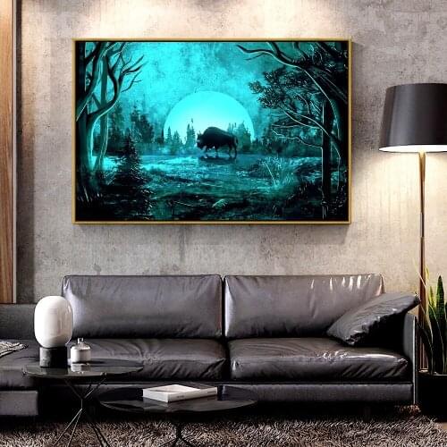 Artcozy Oil Canvas Painting bison_moon_night For Home Decoration Wall Art