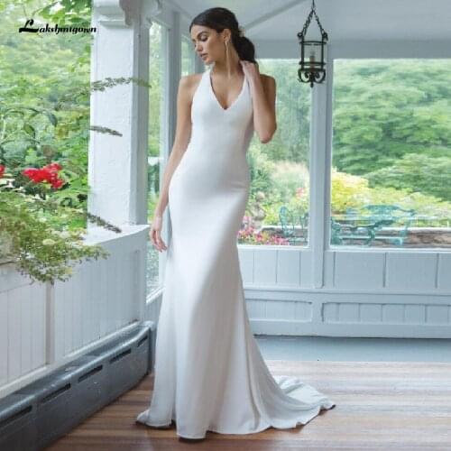 Lashmigown Chic Bridal White Mermaid Wedding Dress 2021Robe Longue Night Dress Women Boho Satin Wedding Gowns Criss-Cross Back
