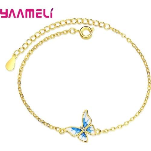 Lovely Women Girl Birthday Gift 925 Sterling Silver Gold Color Butterfly Charm Bracelets Hot Sale Rhinestone Crystal Jewelry