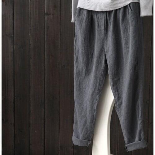 Retro Harem Pants Trousers 2021 Chinese Style Streetwear Women Ethnic Vintage Elastic Waist Loose Long Cotton Linen Pants 11549
