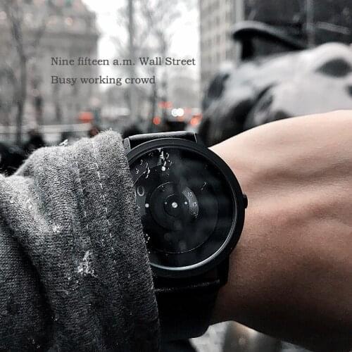 Fashion casual creative No pointer turntable watches men women leather quartz watch unique dial design black unisex wristwatches